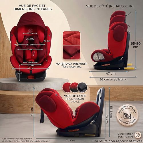 Zeli Siège-auto évolutif I-size 360° Enfants 40-150 Cm 0-36 Kg Isofix Top Tether Rouge + Canopy