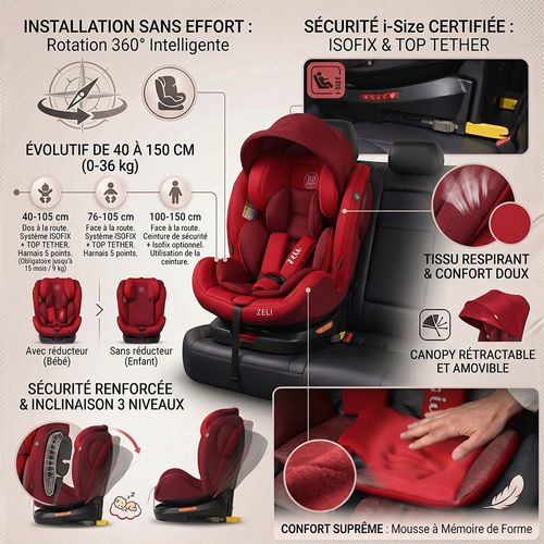 Zeli Siège-auto évolutif I-size 360° Enfants 40-150 Cm 0-36 Kg Isofix Top Tether Rouge + Canopy
