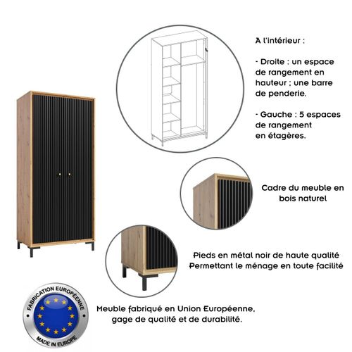 Parii Armoire Penderie 2 Portes 89x196 Cm En Bois Design Contemporain Noir Mat