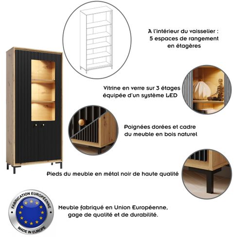 Parii Vaisselier 5 Étages En Bois Vitrine Avec LED 89x196 Cm Design Contemporain    Noir Mat