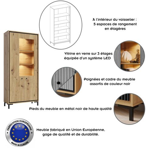 Parii Vaisselier 5 Étages En Bois Vitrine Avec LED 89x196 Cm Design Contemporain    Bois Naturel