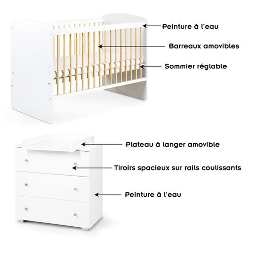 Karolina Ii Ensemble Lit Bébé 120x60 + Commode À Langer Blanc / Pin