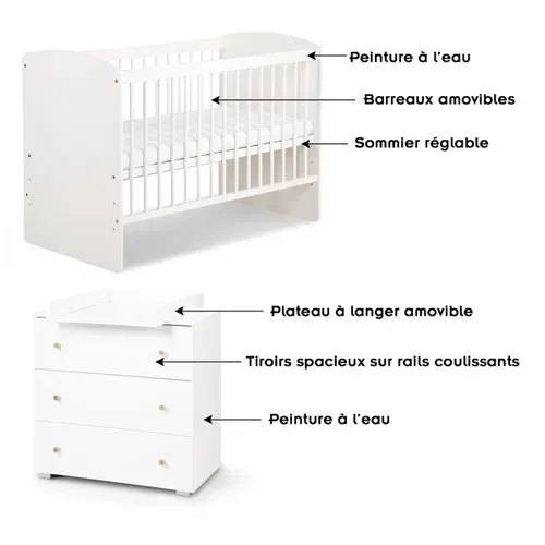 Karolina Ii Ensemble Lit Bébé 120x60 + Commode À Langer Blanc