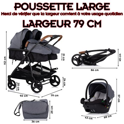 Duo Smart Poussette Jumeaux Ou Enfants Rapprochés Largeur 79 Cm + 2 Cosy Isize Gris Avec Base Isofix