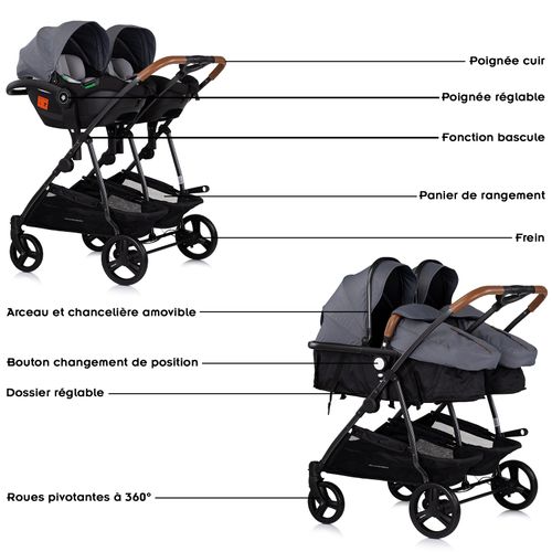 Duo Smart Poussette Jumeaux Ou Enfants Rapprochés Largeur 79 Cm + 2 Cosy Isize Gris Avec Base Isofix