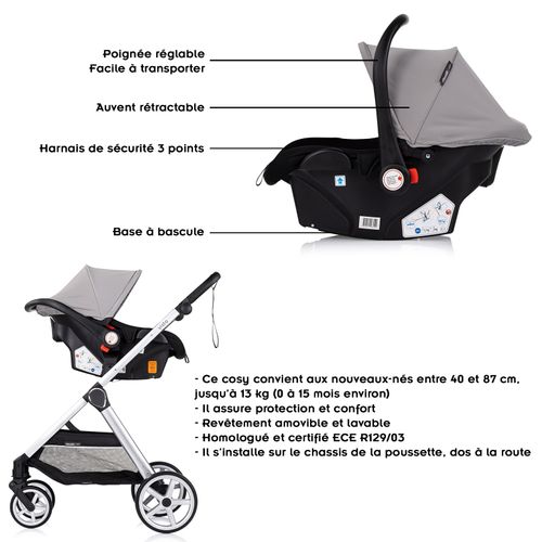 Vista Poussette Nacelle + Assise 22kg Gris + 1 Cosy I-size