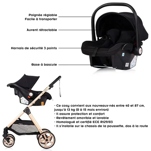 Vista Poussette Nacelle + Assise 22kg Noir + 1 Cosy I-size