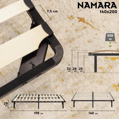 Namara Sommier à Lattes Robuste Avec Pieds En Acier - Montage Facile - 140x200 Cm Noir
