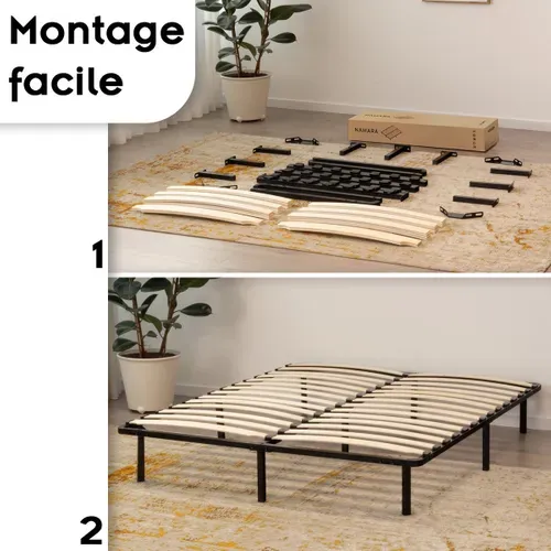 Namara Sommier à Lattes Robuste Avec Pieds En Acier - Montage Facile - 140x200 Cm Noir