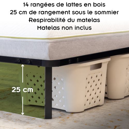 Namara Sommier à Lattes Robuste Avec Pieds En Acier - Montage Facile - 140x200 Cm Noir