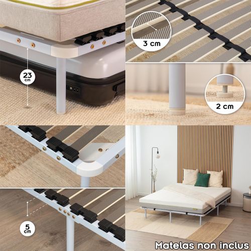 Ortho Sommier Acier Lattes Bande Stabilisatrice Blanc 140x200 Cm Avec Pieds