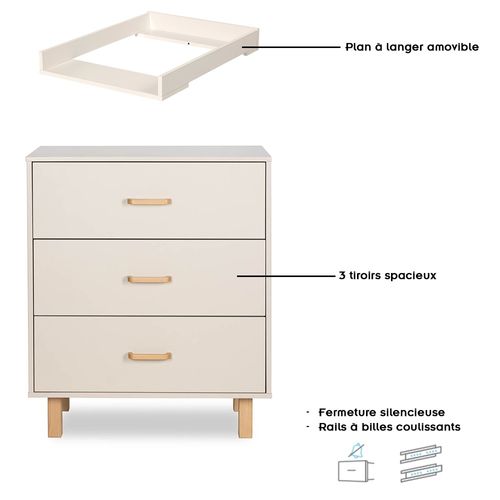 Laura Commode Bébé En Bois De Hêtre 3 Tiroirs Champagne Avec Plan À Langer Amovible