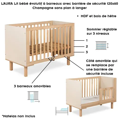 Laura Lit Bébé évolutif à Barreaux Avec Barrière De Sécurité 120x60 Champagne Sans Plan à Langer