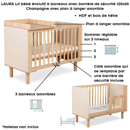 Laura Lit Bébé évolutif À Barreaux Avec Barrière De Sécurité 120x60 Champagne + Plan À Langer