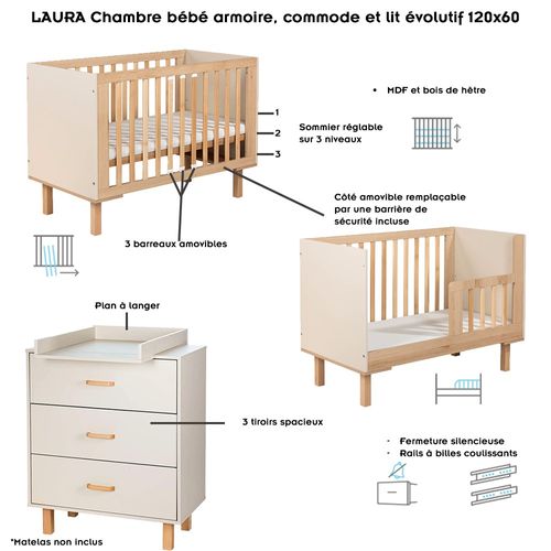 Laura Ensemble Bébé Commode Et Lit évolutif 120x60 Champagne + Plan à Langer Commode