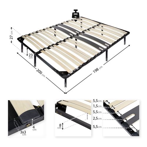 Cama Sommier Ergonomique à Lattes Avec Zone Lombaire Renforcée 200x200 + Pieds
