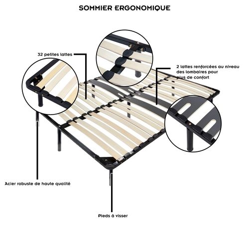 Cama Sommier Ergonomique à Lattes Avec Zone Lombaire Renforcée 200x200 + Pieds