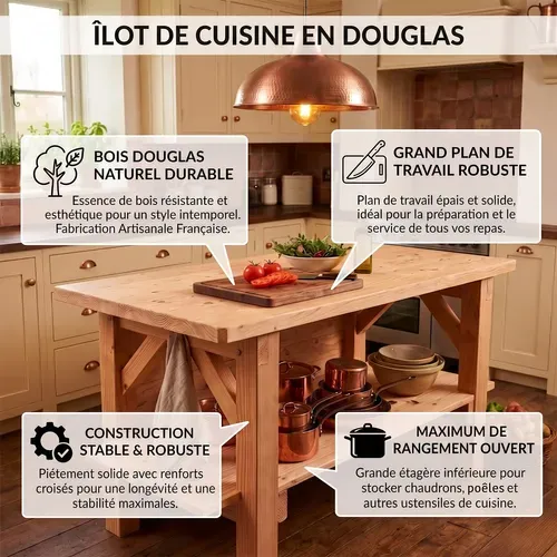 Îlot Central De Cuisine En Bois Douglas : Plan De Travail + étagère En Kit
