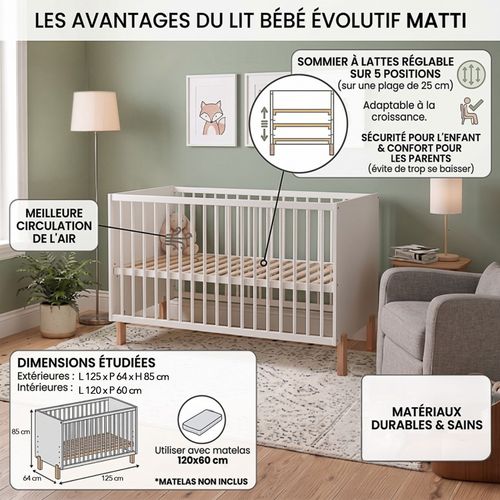 Matti Lit Bébé évolutif À Barreaux Pieds Droits Blanc 120x60 Cm