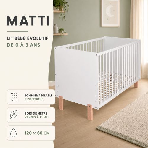 Matti Lit Bébé évolutif À Barreaux Pieds Droits Blanc 120x60 Cm