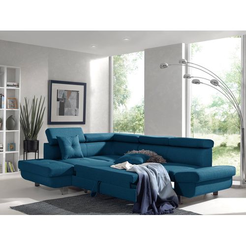Canapé Angle Gauche Convertible 5 Places Lisbona En Tissu Bleu Canard