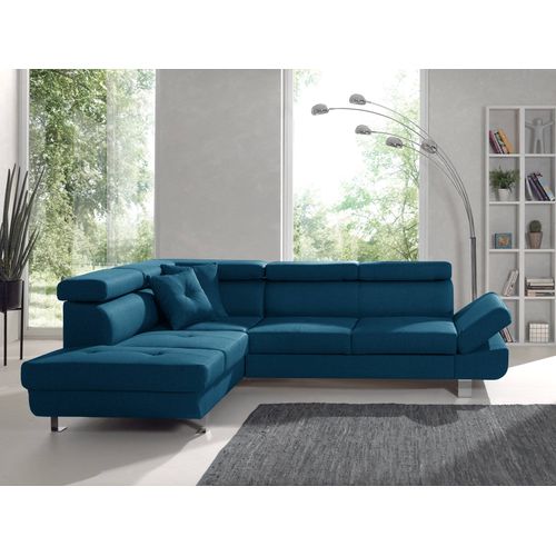 Canapé Angle Gauche Convertible 5 Places Lisbona En Tissu Bleu Canard