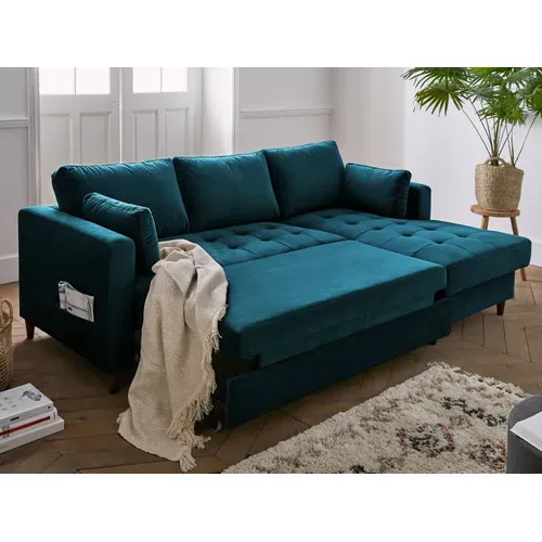 Canapé Angle Droit Convertible 4 Places Anna En Velours Bleu Canard