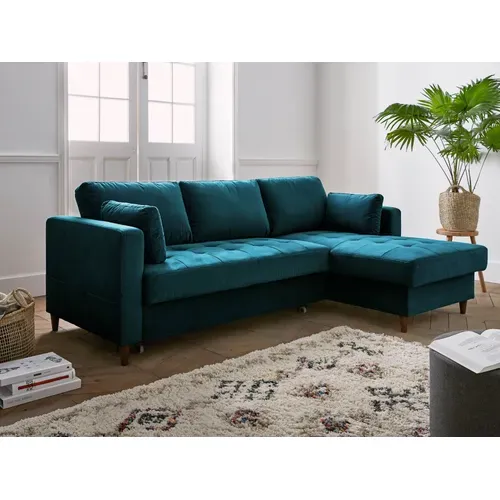 Canapé Angle Droit Convertible 4 Places Anna En Velours Bleu Canard