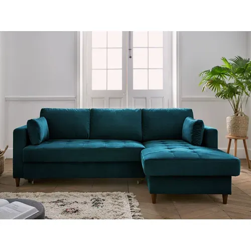 Canapé Angle Droit Convertible 4 Places Anna En Velours Bleu Canard