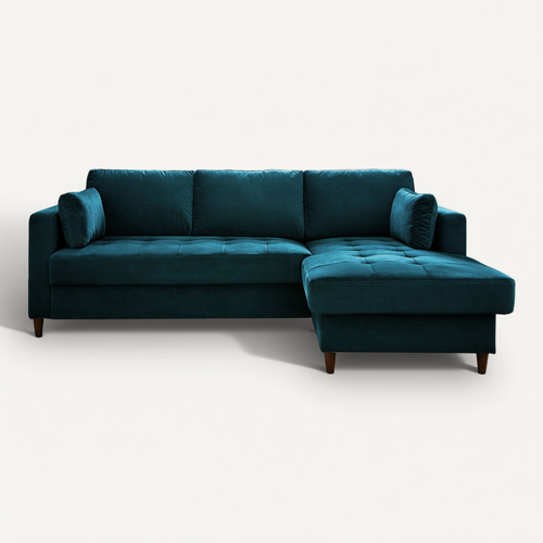 Canapé Angle Droit Convertible 4 Places Anna En Velours Bleu Canard