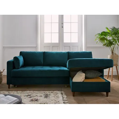 Canapé Angle Droit Convertible 4 Places Anna En Velours Bleu Canard