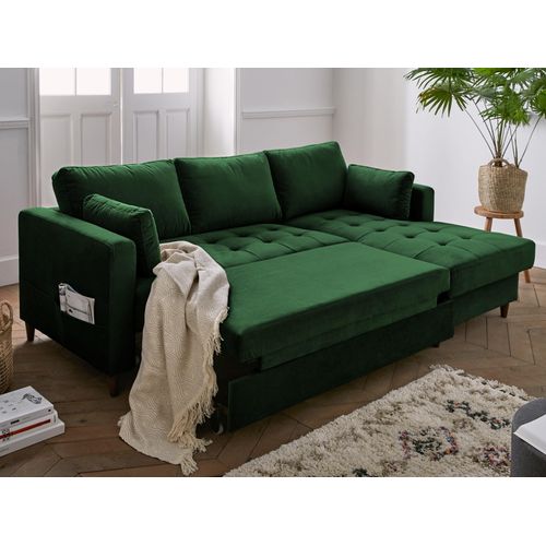 Canapé Angle Droit Convertible 4 Places Anna En Velours Vert