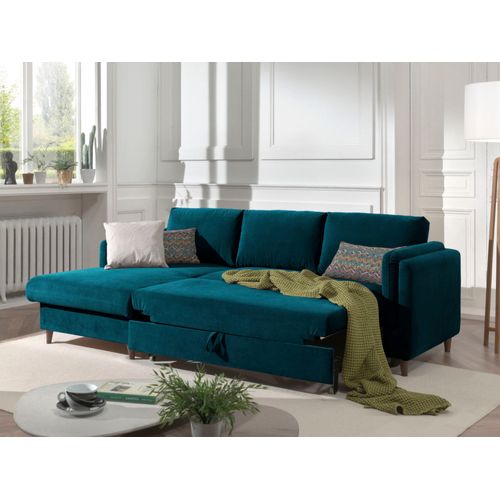 Canapé Angle Gauche Convertible 4 Places Brooke En Velours Bleu Canard