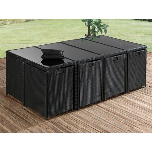 Fira - Salon De Jardin Encastrable 12 Places - En Résine Tressée - Noir Avec Coussins Gris + Housse