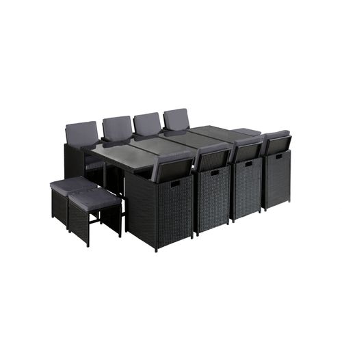 Fira - Salon De Jardin Encastrable 12 Places - En Résine Tressée - Noir Avec Coussins Gris + Housse