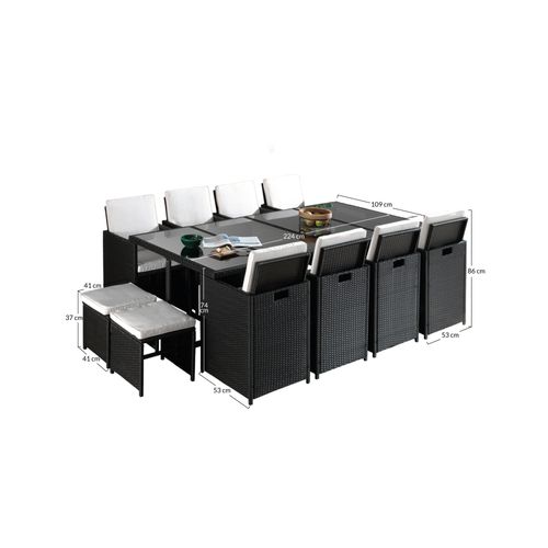 Fira - Salon De Jardin Encastrable 12 Places - En Résine Tressée - Noir Avec Coussins Gris + Housse