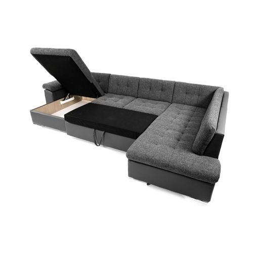 Chuck - Canapé Panoramique XXL - Convertible Avec Coffre - 7 Places - Droit Noir / Gris