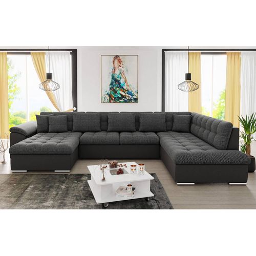 Chuck - Canapé Panoramique XXL - Convertible Avec Coffre - 7 Places - Droit Noir / Gris