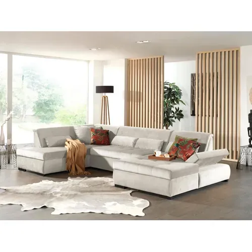 Canapé Panoramique D'angle Gauche - 7 Places - XXL - En Velours Beige