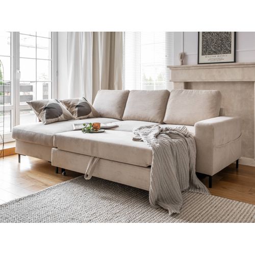 Canapé Angle Gauche Convertible 4 Places Lilly En Velours Côtelé Beige