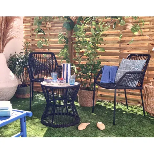 Zambra - Salon Bas De Jardin 2 Places + Table Mosaïque - En Corde Et Métal - Noir