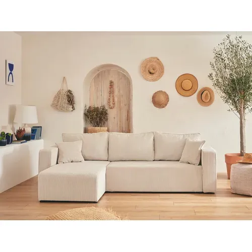 Canapé D'angle  - 4 Places - Convertible Avec Coffre - En Velours Côtelé Beige