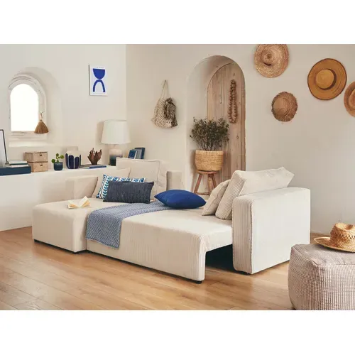 Canapé D'angle  - 4 Places - Convertible Avec Coffre - En Velours Côtelé Beige