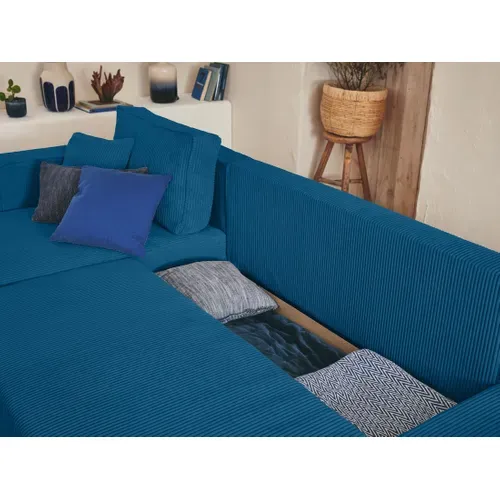 Canapé D'angle  - 4 Places - Convertible Avec Coffre - En Velours Côtelé Bleu Ardoise