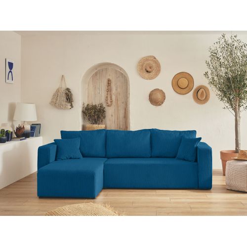 Canapé D'angle  - 4 Places - Convertible Avec Coffre - En Velours Côtelé Bleu Ardoise