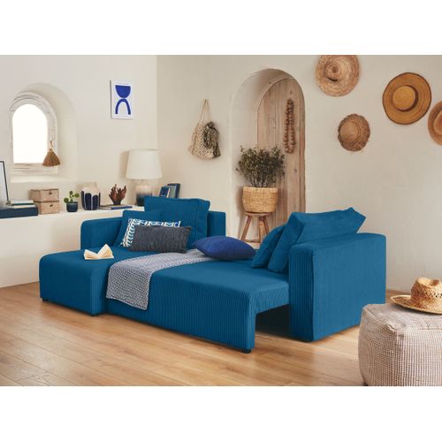 Canapé D'angle  - 4 Places - Convertible Avec Coffre - En Velours Côtelé Bleu Ardoise