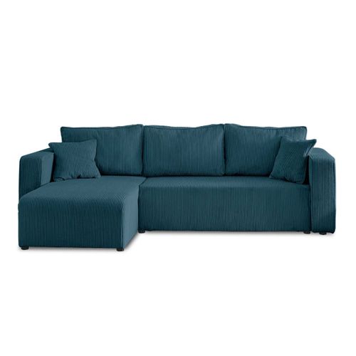 Canapé D'angle  - 4 Places - Convertible Avec Coffre - En Velours Côtelé Bleu Ardoise