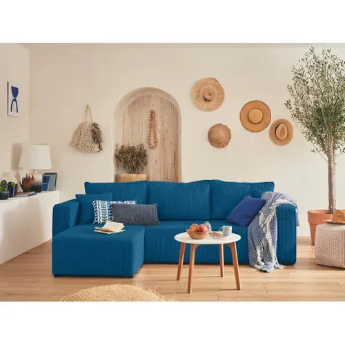 Canapé D'angle  - 4 Places - Convertible Avec Coffre - En Velours Côtelé Bleu Ardoise