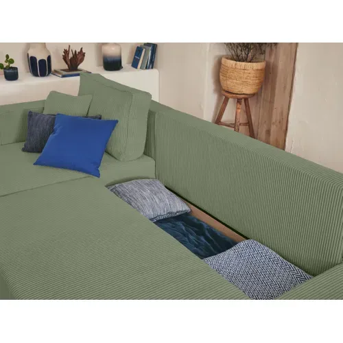 Canapé D'angle  - 4 Places - Convertible Avec Coffre - En Velours Côtelé Vert Sauge