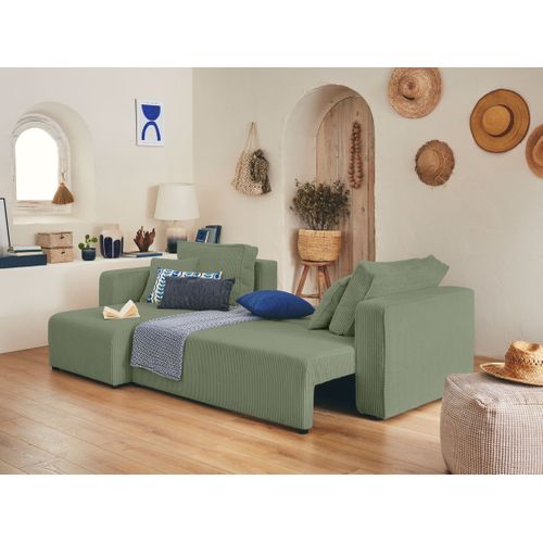 Canapé D'angle  - 4 Places - Convertible Avec Coffre - En Velours Côtelé Vert Sauge